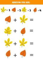 Addition for kids with different cute autumn leaves. vector