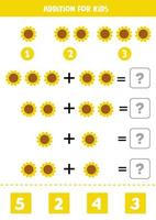 Addition for kids with cute hand drawn yellow sun flower. vector