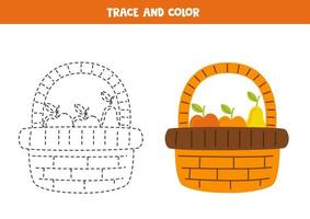 Trace and color cute hand drawn basket with fruits. Worksheet for children. vector