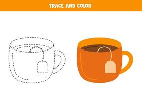 Trace and color cute hand drawn tea cup. Worksheet for children. vector