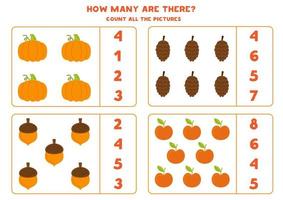 Counting game with cute autumn elements. Educational worksheet. vector