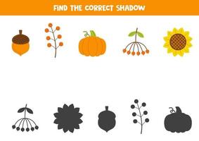 encuentra las sombras correctas de lindos elementos otoñales. rompecabezas lógico para niños. vector