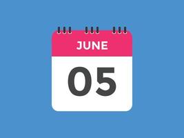 june 5 calendar reminder. 5th june daily calendar icon template. Calendar 5th june icon Design template. Vector illustration