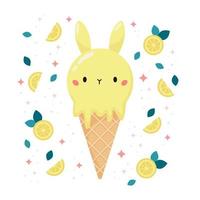 Kawaii bunny ice cream with lemon taste. Cartoon food dessert bakery product. Mint leaves. Vector illustration.