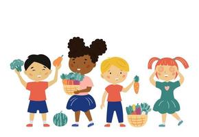Happy kids with vegetables and fruits. Children holding baskets with carrots, tomatoes, cabbage and pepper. Healthy food. Vector illustration.