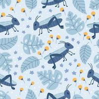 Hand drawn seamless pattern with grasshoppers, flowers and monstera leaves. Doodle plants and insects on blue background. vector