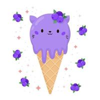 Kawaii cat ice cream with blueberry. Round kitten in the waffle cone. Cartoon food dessert bakery product. Forest berry. Vector illustration.