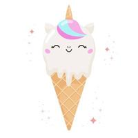 helado de unicornio kawaii con sabor a chicle. producto de panadería de postre de comida de dibujos animados. pony redondo en el cono de waffle. ilustración vectorial vector