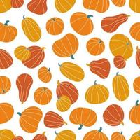 Seamless pattern with stylized pumpkins on white background. Hand drawn doodle vegetables for Halloween and Thanksgiving day. Vector illustration.