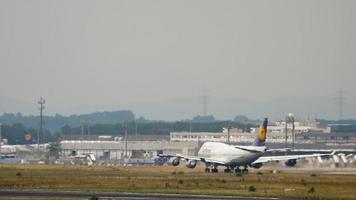 FRANKFURT AM MAIN, GERMANY JULY 20, 2017 - Lufthansa Boeing 747 departure at runway 25C. Fraport, Frankfurt, Germany video