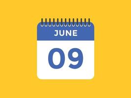 june 9 calendar reminder. 9th june daily calendar icon template. Calendar 9th june icon Design template. Vector illustration