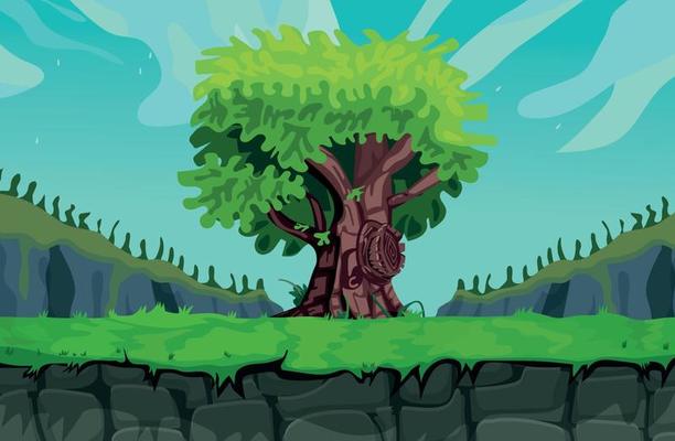 Landscape Big Tree Game background cartoon vector , game design nature asset