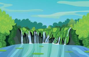 2D game background beautiful natural waterfalls in the middle of the forest vector