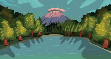 Background of a 2D game, a beautiful natural lake in the middle of the forest and high mountains vector