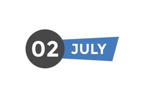 july 2 calendar reminder. 2nd july daily calendar icon template. Calendar 2nd july icon Design template. Vector illustration