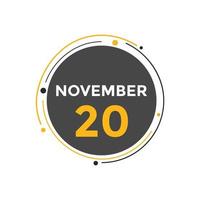 november 20 calendar reminder. 20th november daily calendar icon template. Calendar 20th november icon Design template. Vector illustration