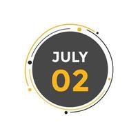 july 2 calendar reminder. 2nd july daily calendar icon template. Calendar 2nd july icon Design template. Vector illustration