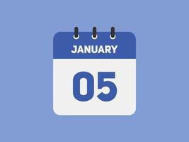 Recordatorio del calendario del 5 de enero. Plantilla de icono de calendario diario del 5 de enero. plantilla de diseño de icono de calendario 5 de enero. ilustración vectorial vector