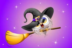 Cute fluffy funny cartoon witch Owl flying on broomstick vector