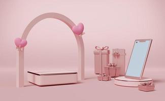 Podium empty and gift box with heart shaped balloon and mobile phone in pink pastel composition valentine's day concept ,abstract showcase background ,3d illustration or 3d render photo