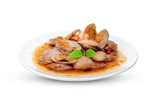 Stir Fried Clams with Chili Paste on plate ,isolated on white background ,include clipping path photo