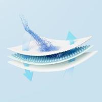 La ventilación 3d muestra salpicaduras de agua transparentes para pañales, capa absorbente de pelo de fibra sintética con servilleta sanitaria, concepto adulto de pañales para bebés, ilustración de presentación 3d foto
