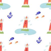 Cute lighthouse seamless pattern, cartoon flat vector illustration on white background. Nautical and marine pattern with fishes and ship anchor. Cute background for kids.