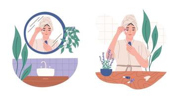 Young woman applying beauty products in front of the mirror, flat vector illustration isolated on white background. Self care and skin care concept. Spa and wellness. Vegan and cruelty free cosmetics.