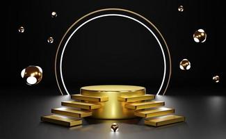 Gold podium empty and stair with geometric shapes in black composition for modern stage display and minimalist mockup ,abstract showcase background ,Concept 3d illustration or 3d render photo