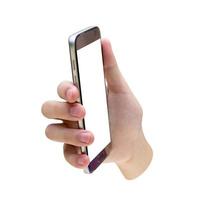 mano que sostiene el teléfono móvil inteligente aislado en fondo blanco, ruta de recorte foto