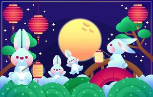 Moon And Bunny Holding And Playing At The Festival vector