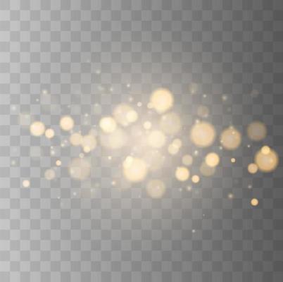 Golden bokeh lights with glowing particles isolated.