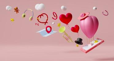 Hot air balloon and mobile phone with red heart shaped for Valentine's Day abstract background in pink pastel composition ,3d illustration or 3d render ,copy space photo