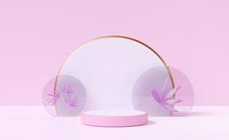 3d pink cylinder stage podium empty with palm leaf, abstract geometric cosmetic showcase pedestal pink background. minimal modern scene, 3d render illustration photo