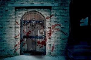 Antique wooden door on brick wall with Grim Reaper,Halloween day,haunted house photo