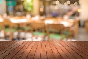 Top desk with blur restaurant background,wooden table photo