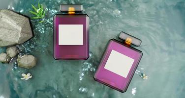 top view perfume mock up with white paper on bottle on fresh water photo