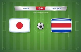 plantilla de transmisión de marcador de japón vs costa rica para el torneo de fútbol deportivo 2022 y la ilustración de vector de campeonato de fútbol