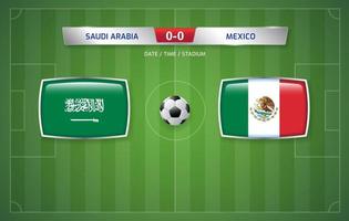 plantilla de transmisión del marcador de arabia saudita vs méxico para el torneo de fútbol deportivo 2022 y la ilustración vectorial del campeonato de fútbol vector