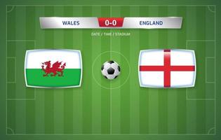 plantilla de transmisión del marcador de gales vs inglaterra para el torneo de fútbol deportivo 2022 y la ilustración de vector de campeonato de fútbol