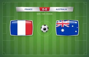 plantilla de transmisión del marcador de francia vs australia para el torneo de fútbol deportivo 2022 y la ilustración de vector de campeonato de fútbol