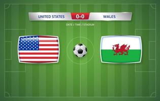 United States vs Wales scoreboard broadcast template for sport soccer tournament 2022 and football championship vector illustratio