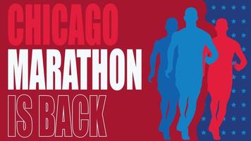 titular animado del maratón de chicago con corredor y bandera de estados unidos como fondo. adecuado para usar en eventos deportivos. video