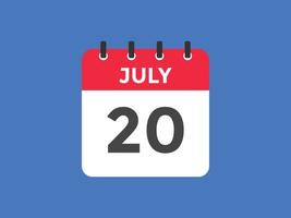 july 20 calendar reminder. 20th july daily calendar icon template. Calendar 20th july icon Design template. Vector illustration