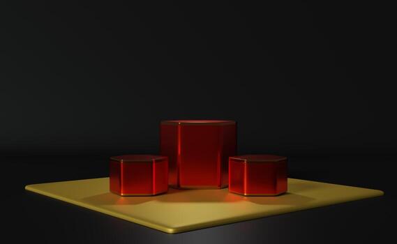 podio rojo vacío con formas geométricas en composición negra para exhibición de escenario moderno y maqueta minimalista, fondo de escaparate abstracto, ilustración conceptual 3d o renderizado 3d foto
