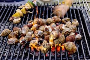 Dinner barbecue with grilled spotted babylon and roast pork on charcoal stove photo