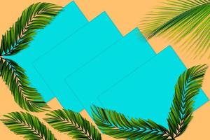 Green palm leaves pattern for nature concept,tropical leaf on orange and teal paper background photo