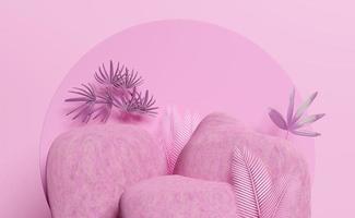 Podio de escenario de cubo de piedra rosa 3d vacío con hoja de palma, pedestal de escaparate cosmético geométrico abstracto fondo rosa. escena moderna mínima, ilustración de renderizado 3d foto