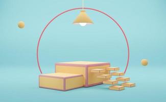 Podium empty with stair and geometric shapes in sky blue pastel composition for modern stage display and minimalist mockup ,abstract showcase background ,Concept 3d illustration or 3d render photo