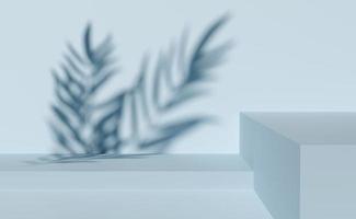 3d gray cube stage podium empty with palm leaf shadow, abstract geometric cosmetic showcase pedestal grey background. minimal modern scene, 3d render illustration photo